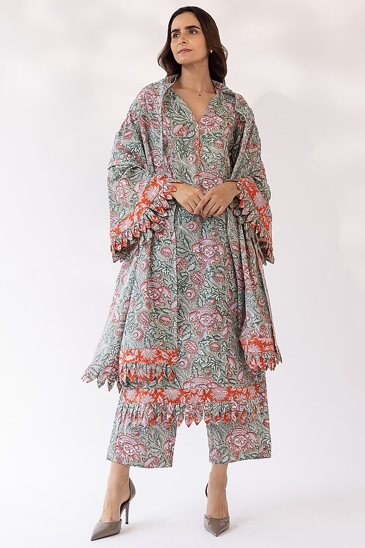 Sage Cotton Floral Printed Kurta Set by Shaakha at Pernia's Pop Up Shop