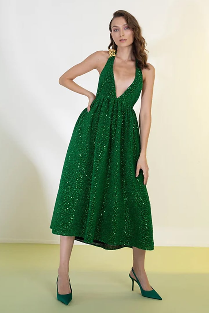 Green Sequins Midi Dress by Shaalate