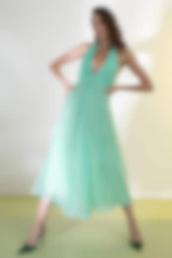 Sea Green Polyester Halter Midi Dress by Shaalate