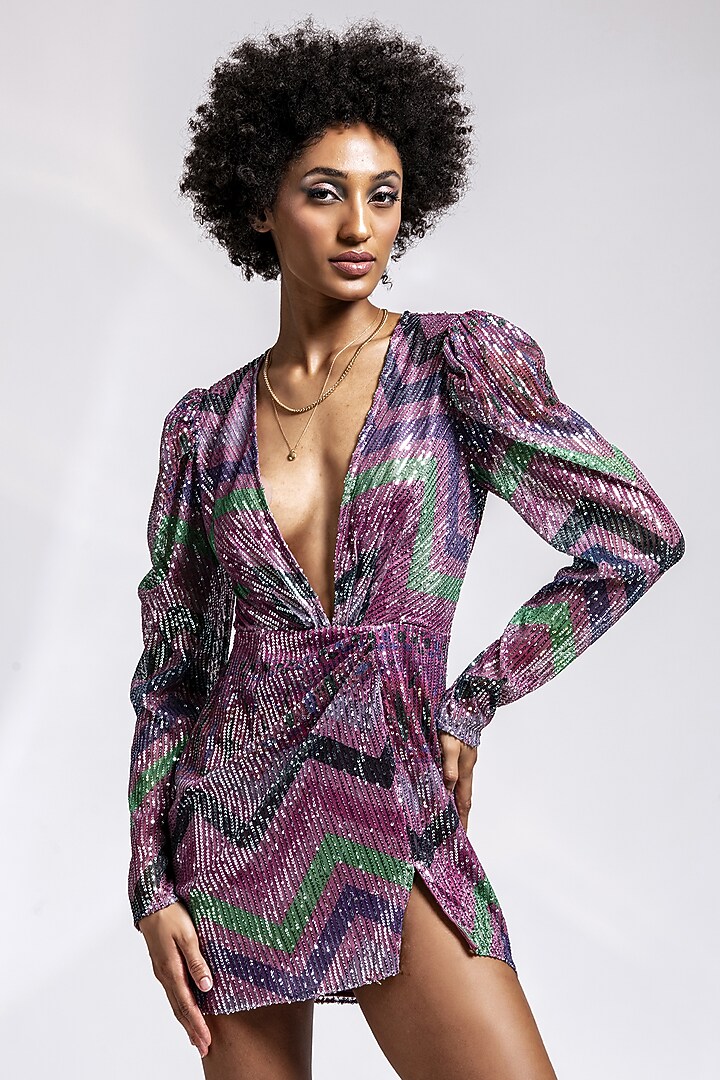 Multi-Colored Polyester Sequins Embroidered Mini Wrap Summer Dress by Shaalate at Pernia's Pop Up Shop