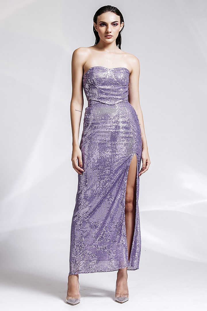Metallic Purple Polyester Sequins Embroidered A-Line Skirt by Shaalate