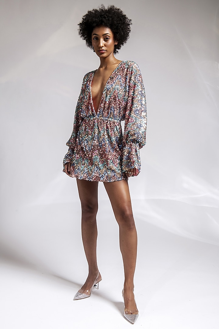 Multi-Colored Polyester Sequins Embroidered Mini Dress by Shaalate