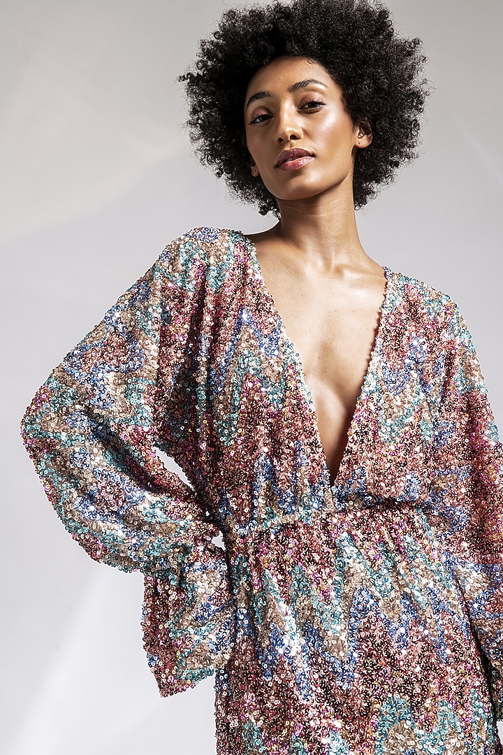 Multi-Colored Polyester Sequins Embroidered Mini Summer Dress by Shaalate at Pernia's Pop Up Shop