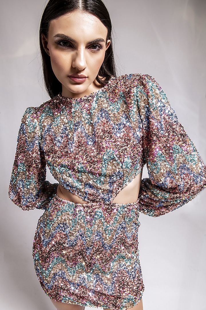 Multi-Colored Polyester Sequins Embroidered Mini Summer Dress by Shaalate at Pernia's Pop Up Shop