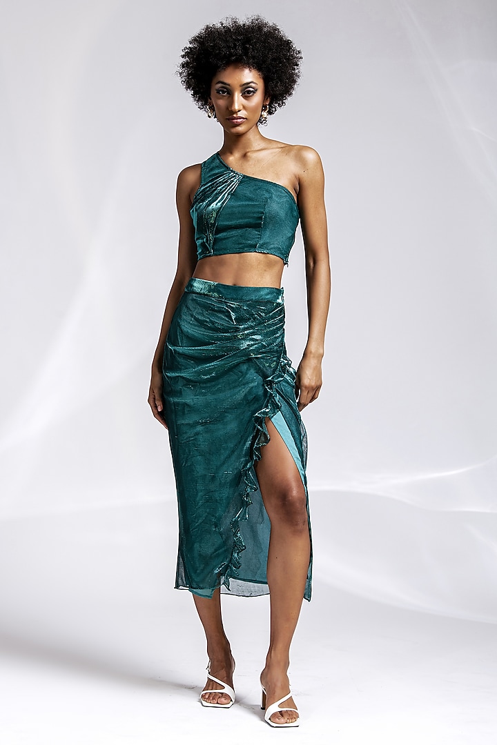 Green Polyester Midi Skirt by Shaalate