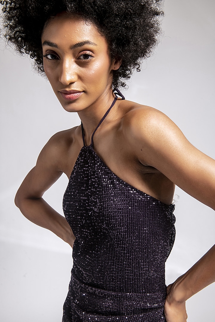 Black Polyester Sequins Embroidered Mini Summer Dress by Shaalate at Pernia's Pop Up Shop