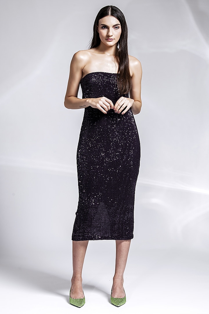 Black Polyester Sequins Embroidered Midi Dress by Shaalate