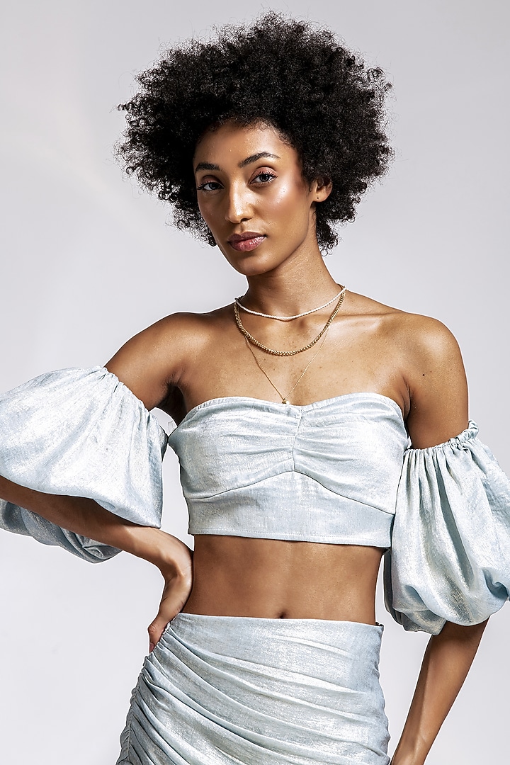 Silver Polyester Off-Shoulder Crop Top by Shaalate at Pernia's Pop Up Shop