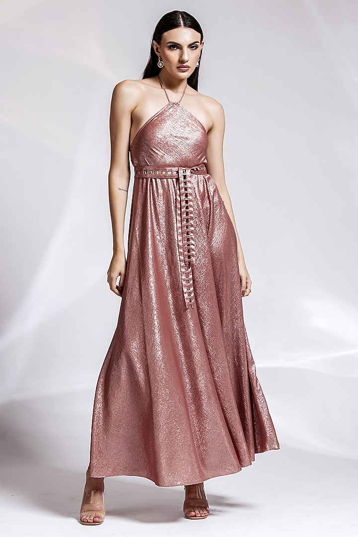 Metallic Rust Polyester & Crepe A-Line Maxi Dress by Shaalate