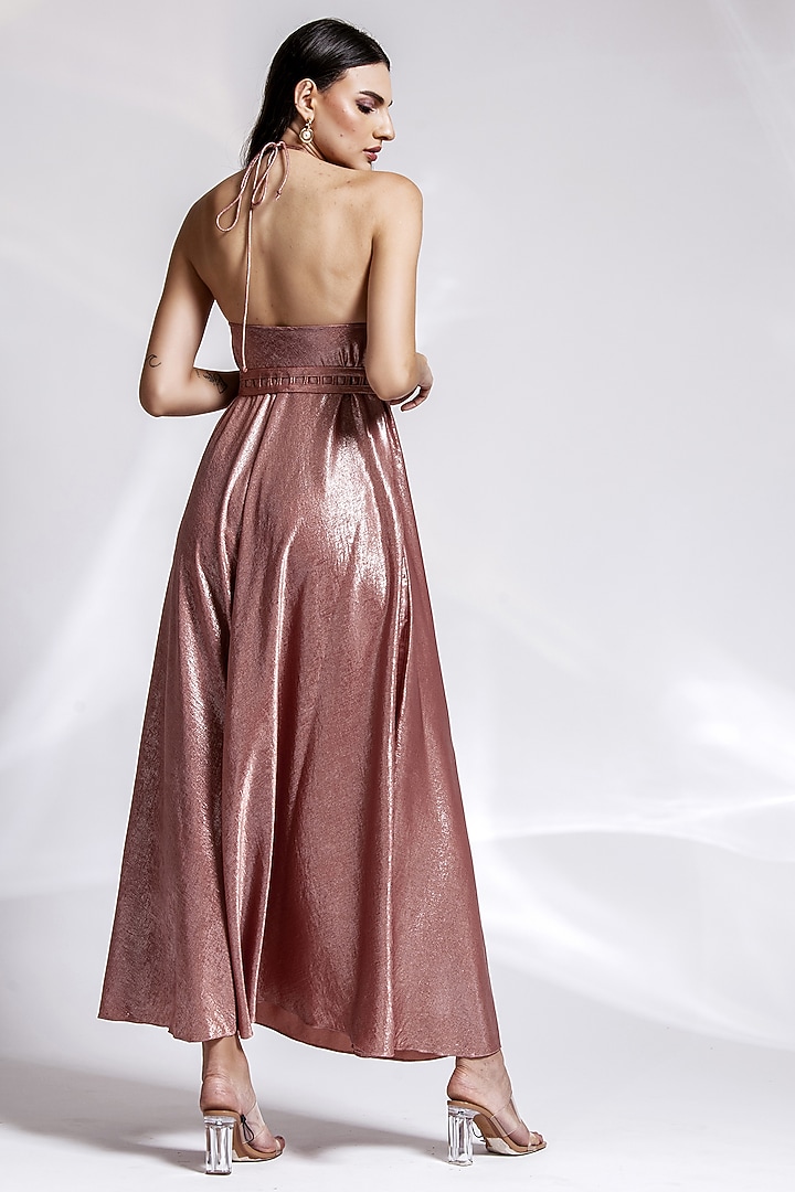 Metallic Rust Polyester & Crepe A-Line Maxi Summer Dress by Shaalate at Pernia's Pop Up Shop