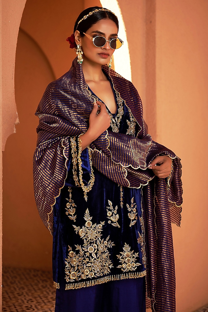 Blue Pure Silk Velvet Zardosi Embroidered Short Kalidar Kurta Set by SHALKII at Pernia's Pop Up Shop