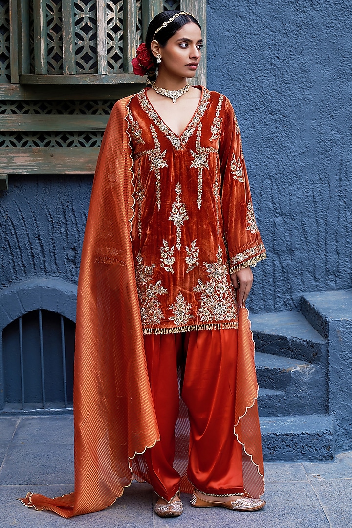 Orange Pure Silk Velvet Zardosi Embroidered Short Kalidar Kurta Set by SHALKII at Pernia's Pop Up Shop