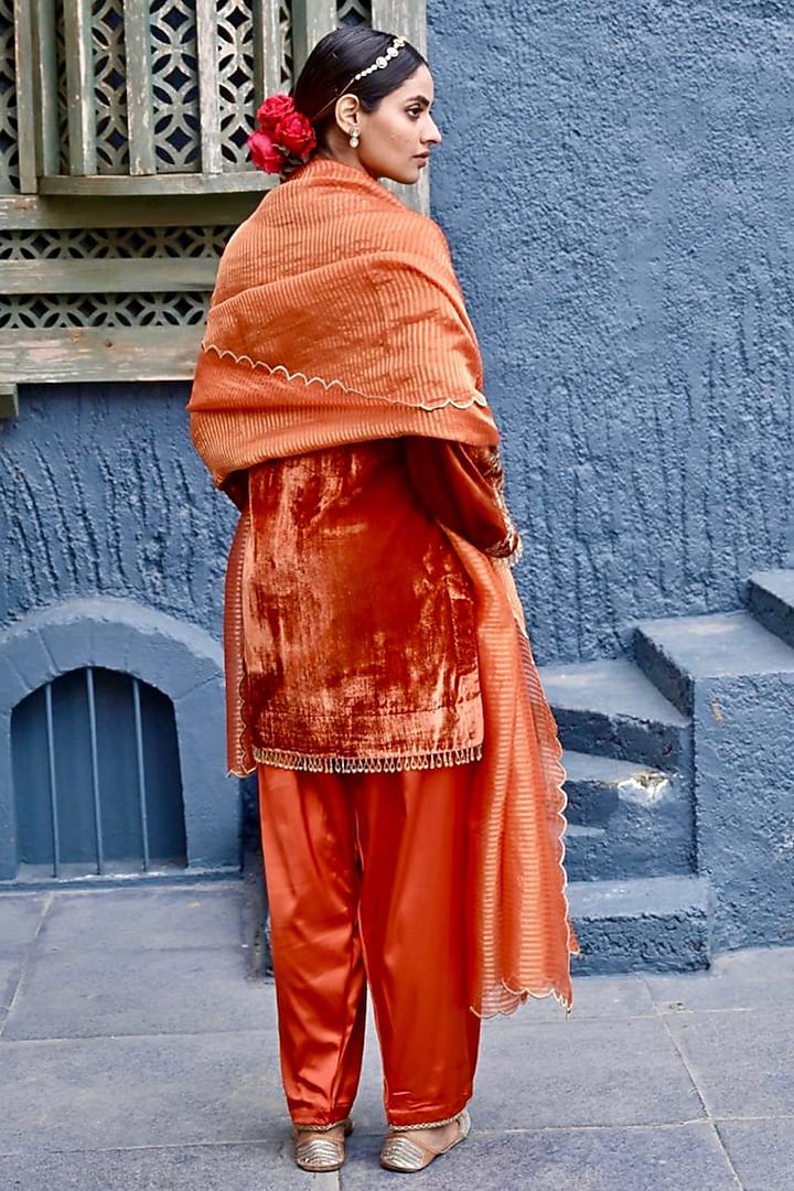 Orange Pure Silk Velvet Zardosi Embroidered Short Kalidar Kurta Set by SHALKII at Pernia's Pop Up Shop