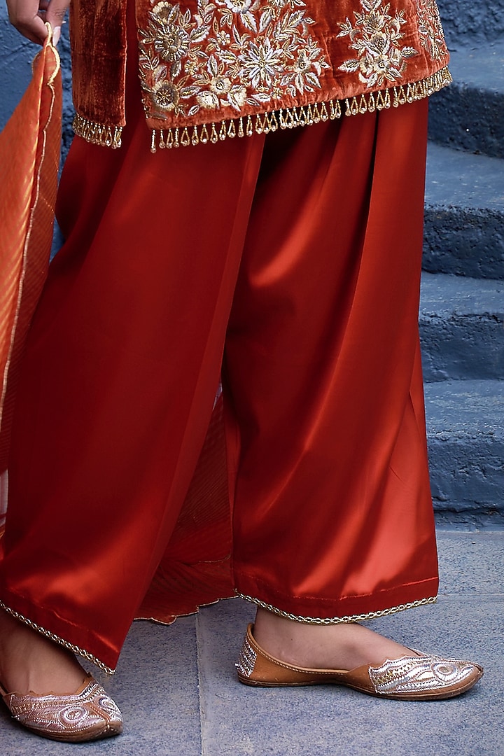 Orange Pure Silk Velvet Zardosi Embroidered Short Kalidar Kurta Set by SHALKII at Pernia's Pop Up Shop