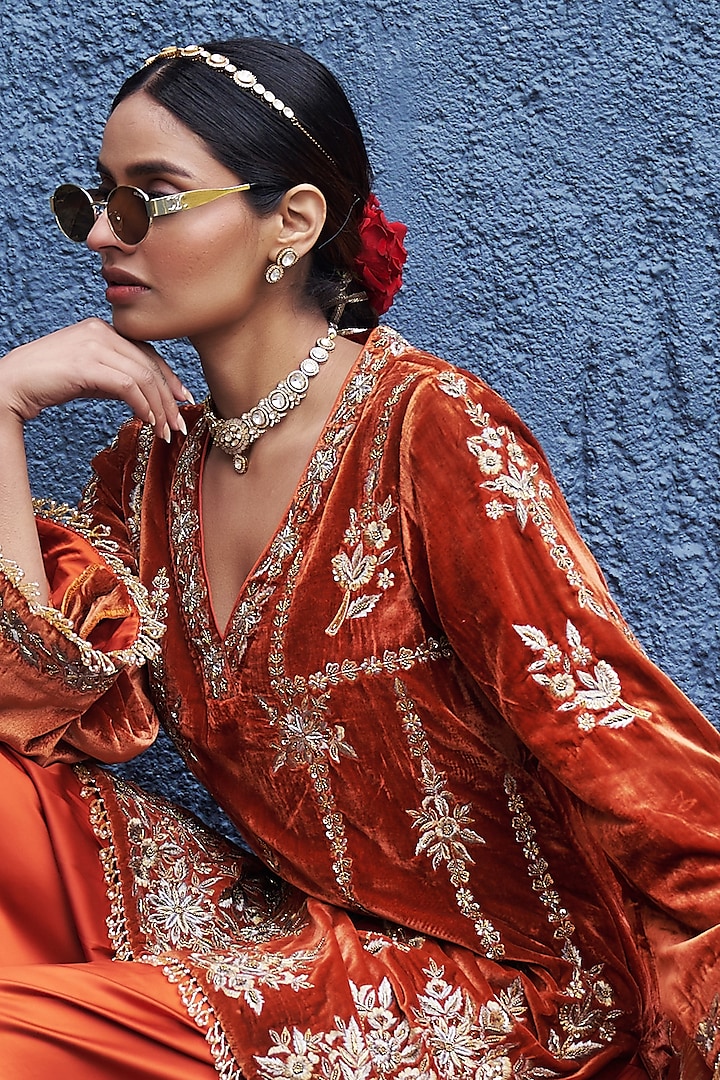 Orange Pure Silk Velvet Zardosi Embroidered Short Kalidar Kurta Set by SHALKII at Pernia's Pop Up Shop