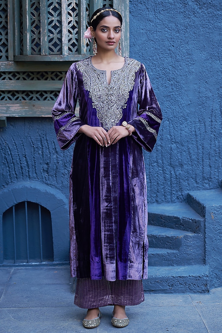 Purple Pure Handwoven Tissue & Velvet Zardosi Embroidered Long Anarkali Set by SHALKII at Pernia's Pop Up Shop