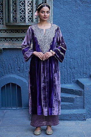 Purple Velvet Sequin & Zardosi Embroidered Handwoven Long Kurta Set by SHALKII