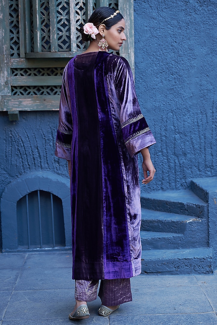 Purple Velvet Sequin & Zardosi Embroidered Handwoven Long Kurta Set by SHALKII at Pernia's Pop Up Shop