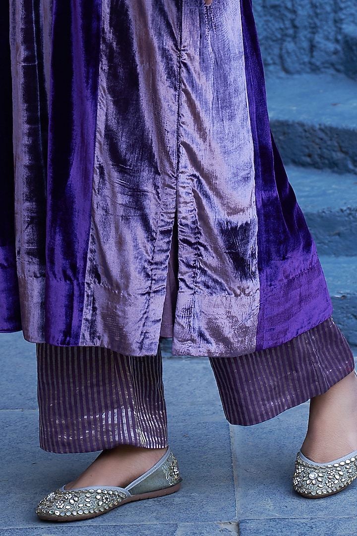 Purple Velvet Sequin & Zardosi Embroidered Handwoven Long Kurta Set by SHALKII at Pernia's Pop Up Shop