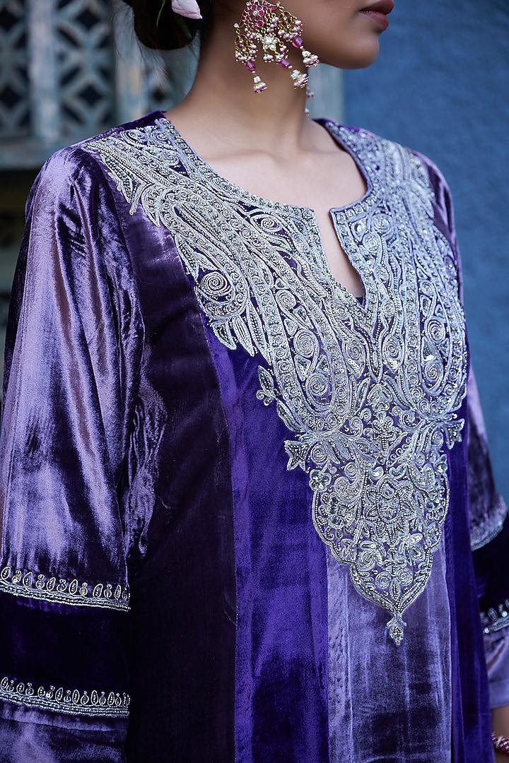 Purple Velvet Sequin & Zardosi Embroidered Handwoven Long Kurta Set by SHALKII at Pernia's Pop Up Shop