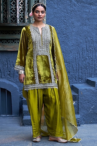 Green Pure Handwoven Tissue & Velvet Zardosi Embroidered Short Kalidar Set by SHALKII