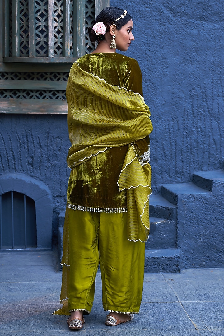 Green Pure Handwoven Tissue & Velvet Zardosi Embroidered Short Kalidar Set by SHALKII at Pernia's Pop Up Shop