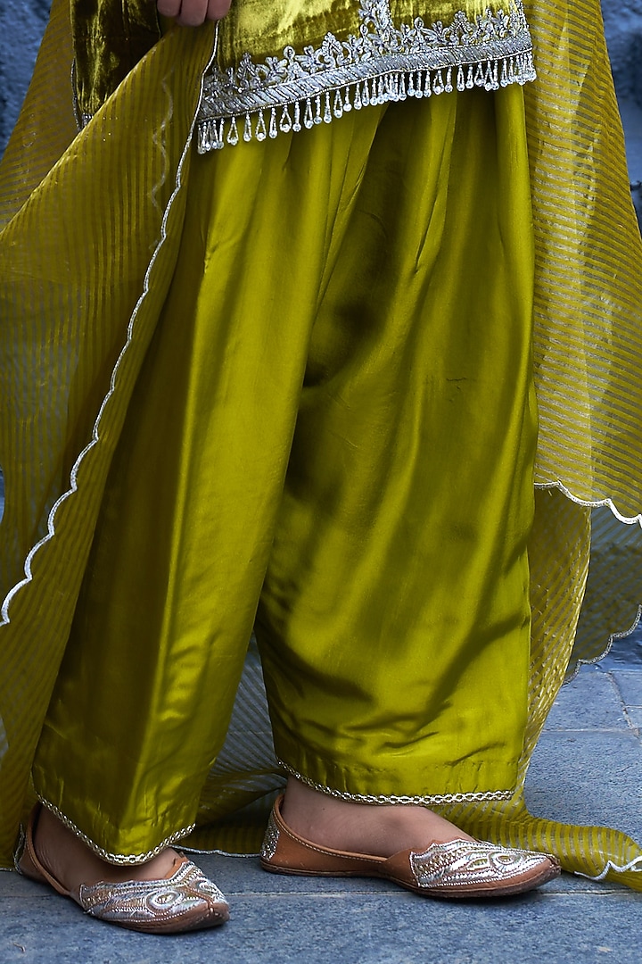 Green Pure Handwoven Tissue & Velvet Zardosi Embroidered Short Kalidar Set by SHALKII at Pernia's Pop Up Shop