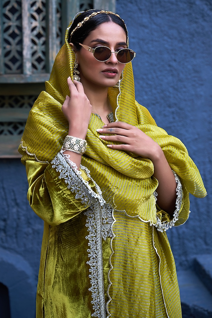 Green Pure Handwoven Tissue & Velvet Zardosi Embroidered Short Kalidar Set by SHALKII at Pernia's Pop Up Shop