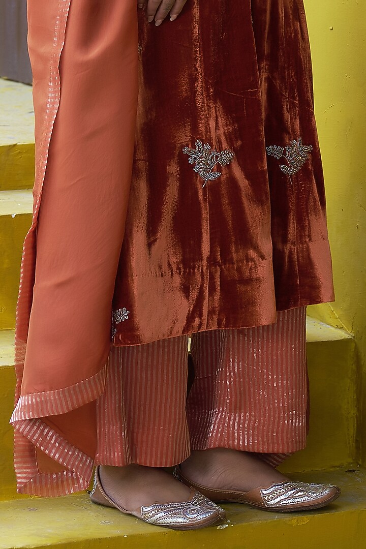 Orange Pure Handwoven Tissue & Velvet Zardosi Embroidered Long Kurta Set by SHALKII at Pernia's Pop Up Shop