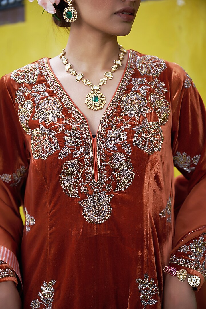 Orange Pure Handwoven Tissue & Velvet Zardosi Embroidered Long Kurta Set by SHALKII at Pernia's Pop Up Shop