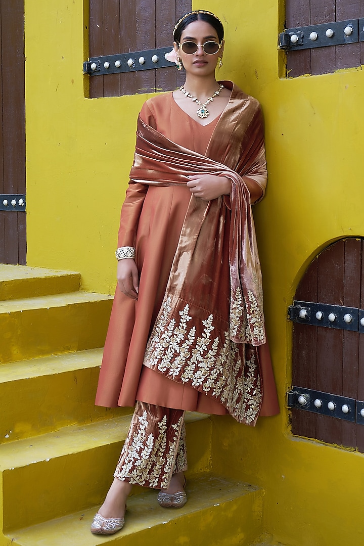 Burnt Orange Pure Tissue & Velvet Zardosi Embroidered Kurta Set by SHALKII at Pernia's Pop Up Shop