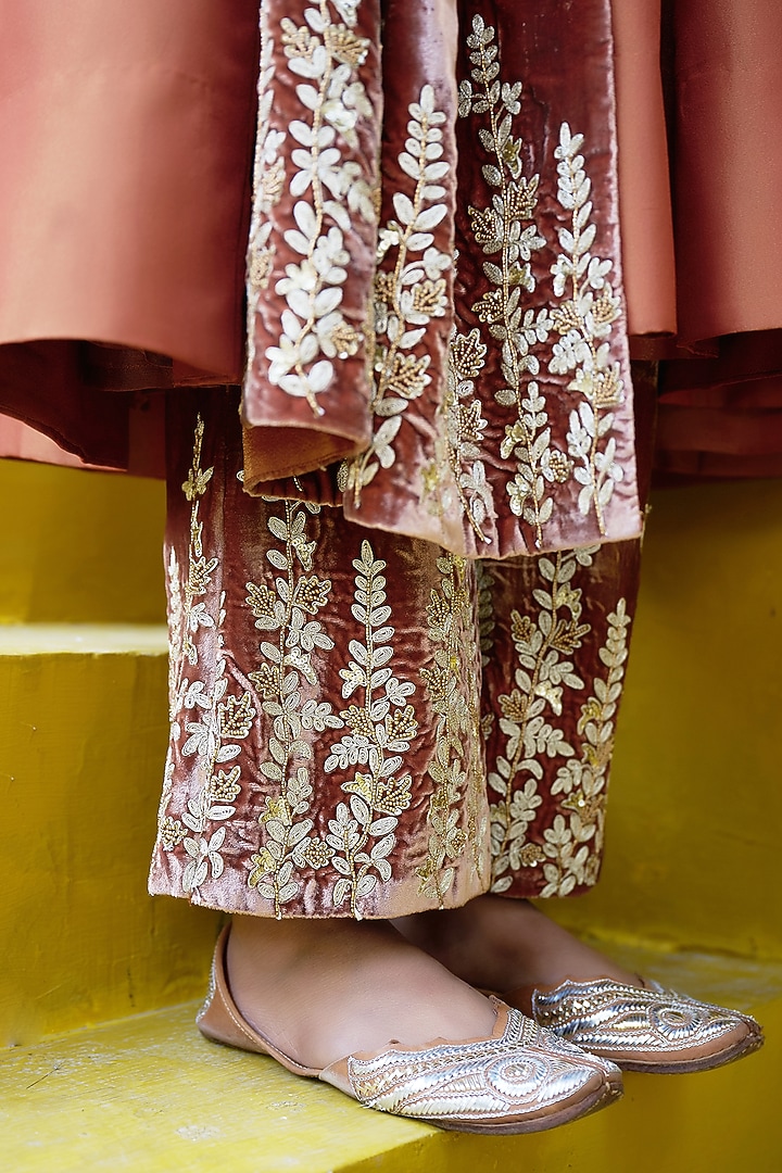 Burnt Orange Pure Tissue & Velvet Zardosi Embroidered Kurta Set by SHALKII at Pernia's Pop Up Shop