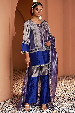 Blue Pure Handwoven Tissue Zari Zardosi Embroidered Short Kalidar Set by SHALKII