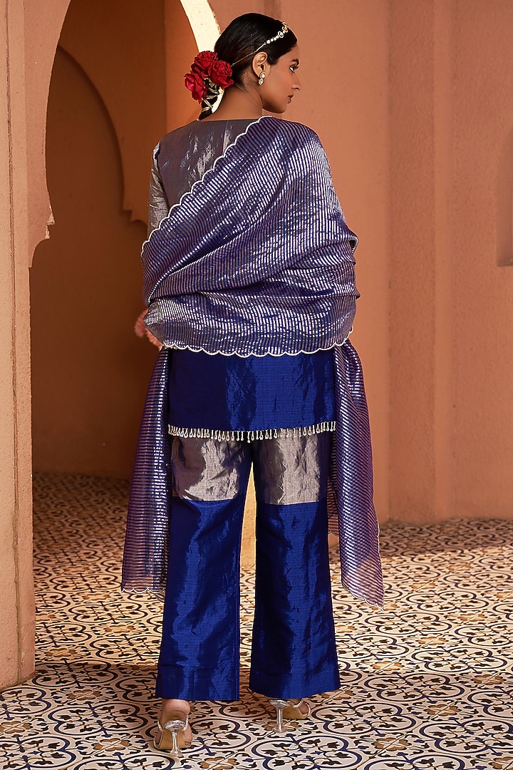 Blue Pure Handwoven Tissue Zari Zardosi Embroidered Short Kalidar Set by SHALKII at Pernia's Pop Up Shop