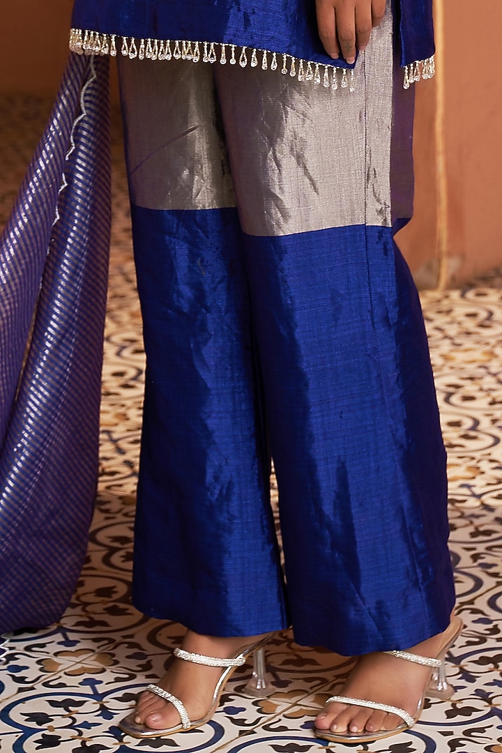 Blue Pure Handwoven Tissue Zari Zardosi Embroidered Short Kalidar Set by SHALKII at Pernia's Pop Up Shop