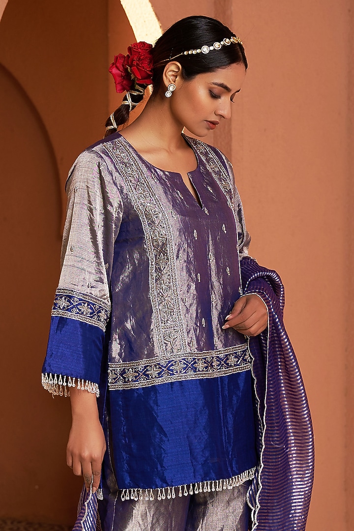 Blue Pure Handwoven Tissue Zari Zardosi Embroidered Short Kalidar Set by SHALKII at Pernia's Pop Up Shop
