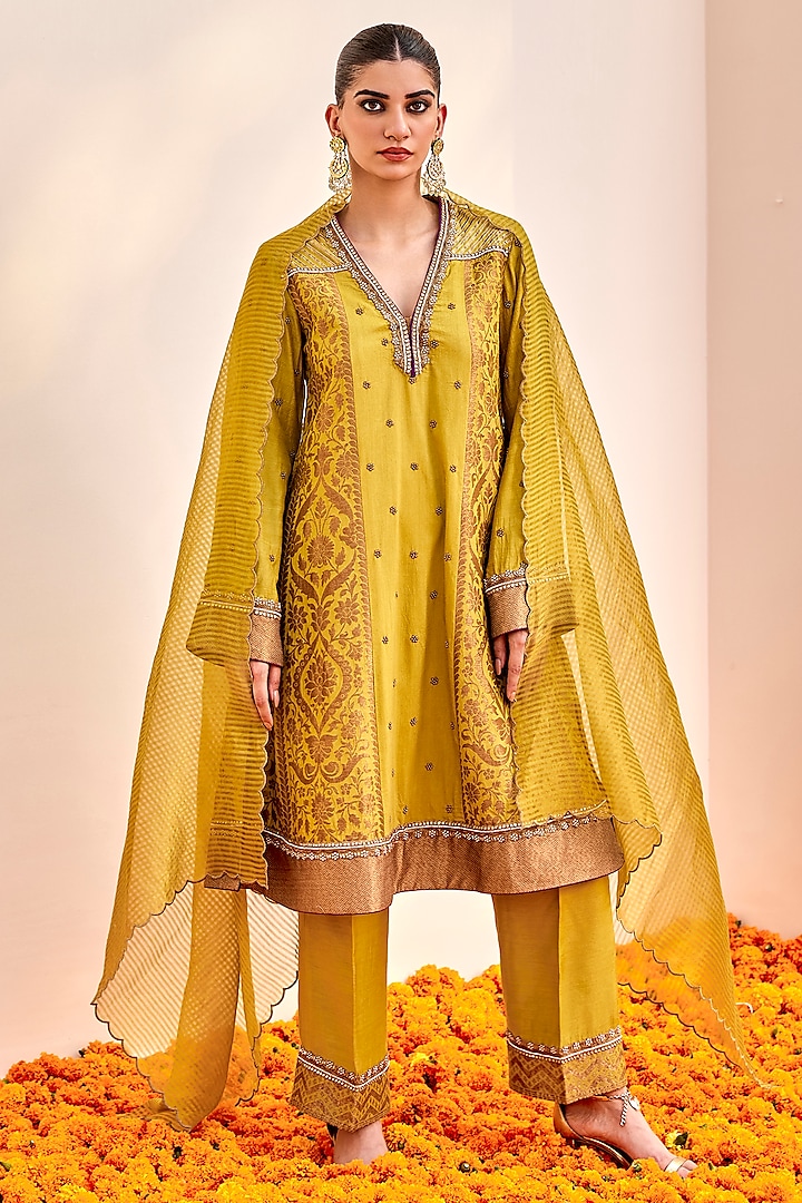 Mustard Pure Banarasi Tissue Cutdana Embroidered Kurta Set by SHALKII at Pernia's Pop Up Shop