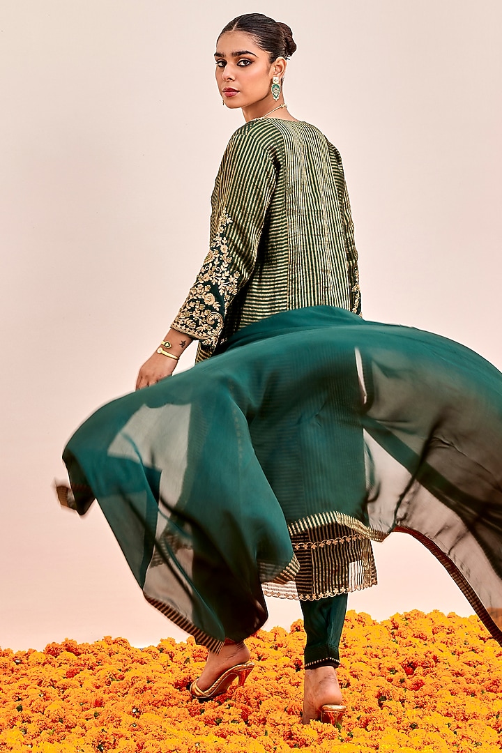 Green Pure Banarasi Tissue Cutdana Embroidered Kurta Set by SHALKII at Pernia's Pop Up Shop