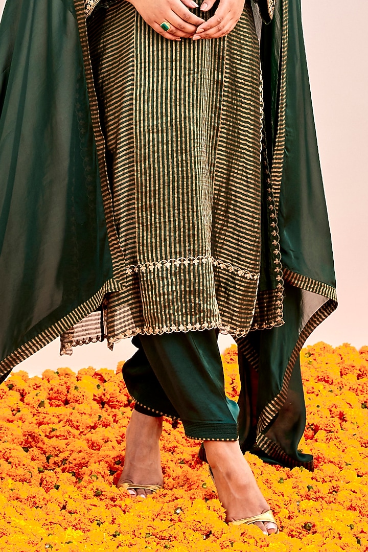 Green Pure Banarasi Tissue Cutdana Embroidered Kurta Set by SHALKII at Pernia's Pop Up Shop
