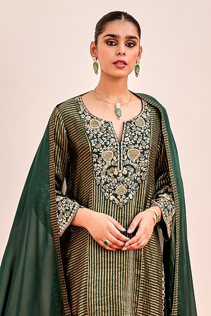 Green Pure Banarasi Tissue Cutdana Embroidered Kurta Set by SHALKII at Pernia's Pop Up Shop