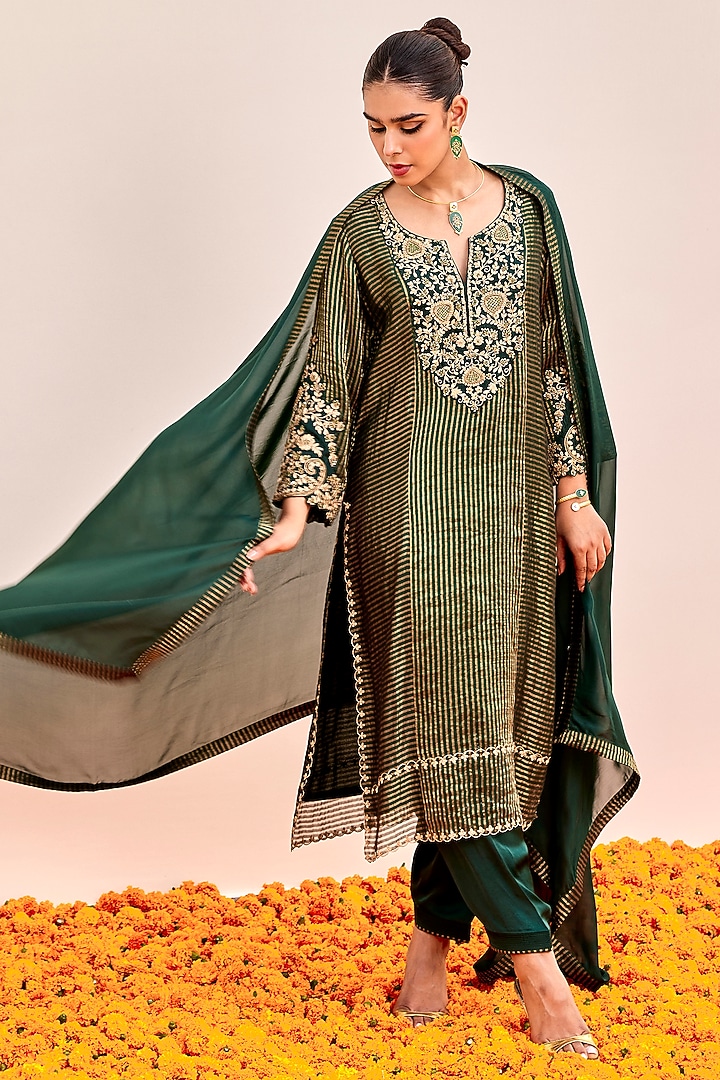 Green Pure Banarasi Tissue Cutdana Embroidered Kurta Set by SHALKII at Pernia's Pop Up Shop