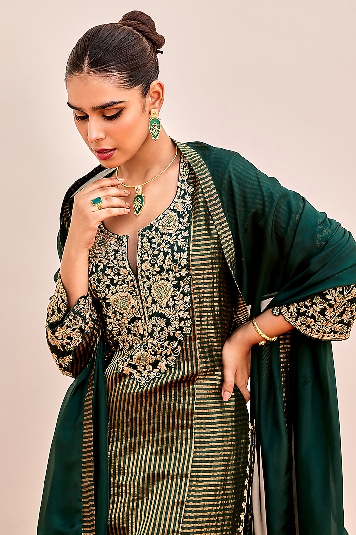 Green Pure Banarasi Tissue Cutdana Embroidered Kurta Set by SHALKII at Pernia's Pop Up Shop