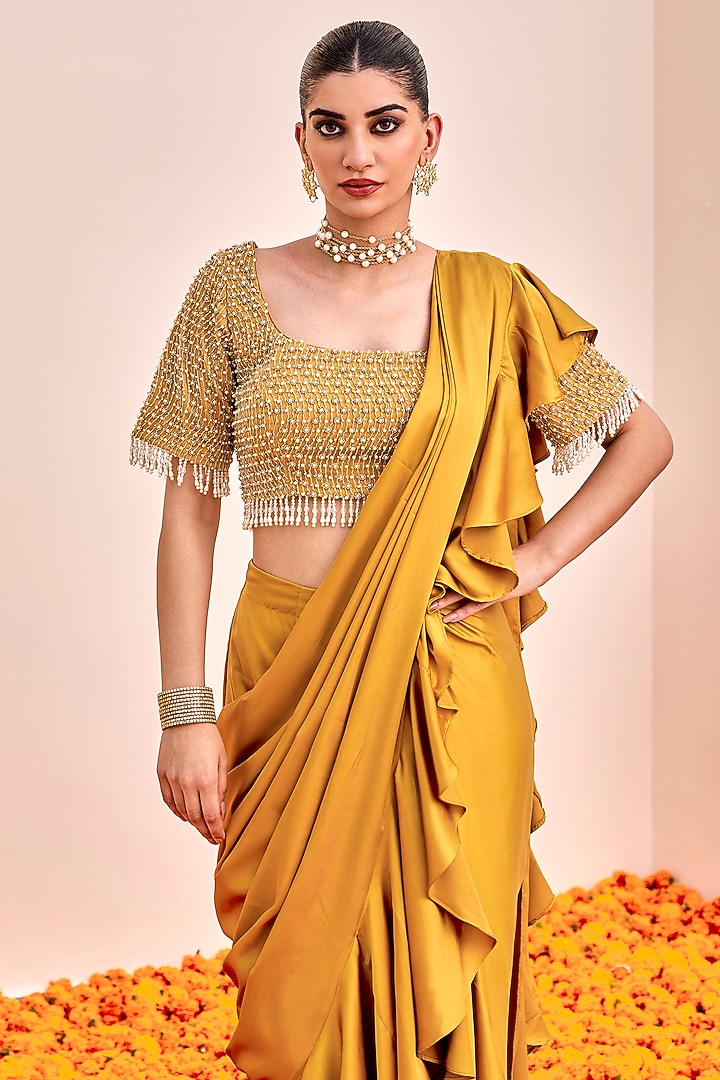 Mustard Yellow Armani Satin Draped Wedding Saree Set by SHALKII at Pernia's Pop Up Shop