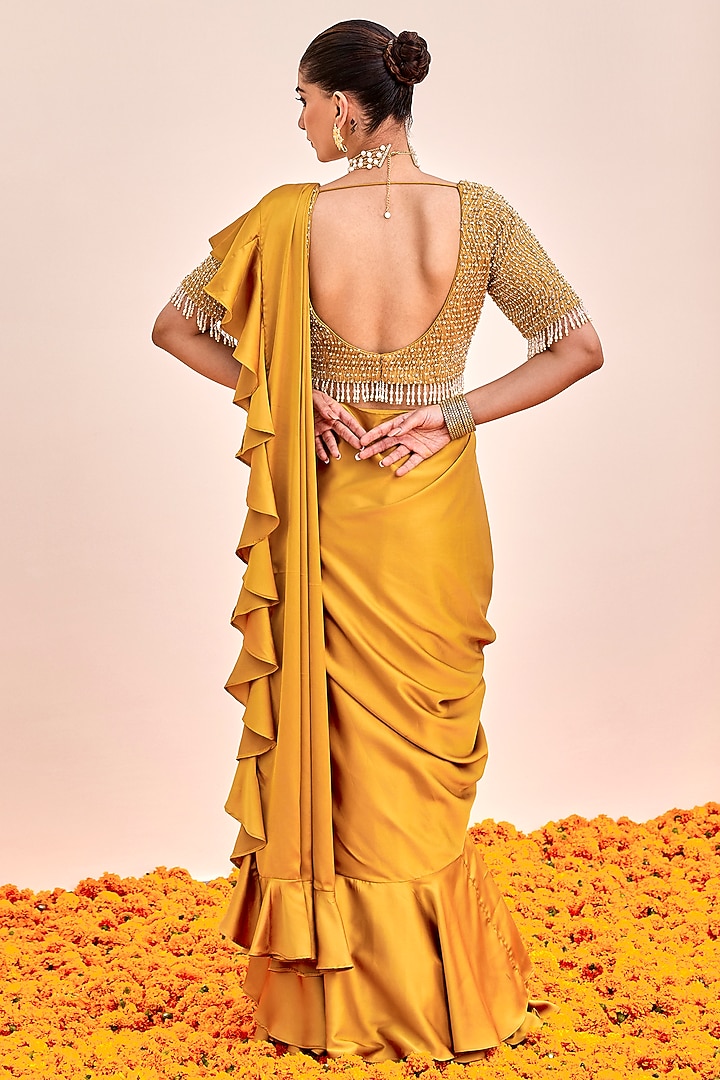 Mustard Yellow Armani Satin Draped Wedding Saree Set by SHALKII at Pernia's Pop Up Shop