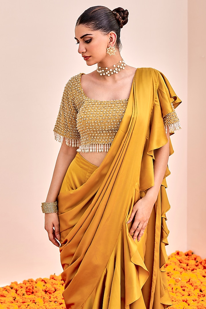 Mustard Yellow Armani Satin Draped Wedding Saree Set by SHALKII at Pernia's Pop Up Shop