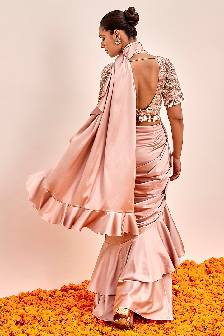 Nude Pink Armani Satin Draped Wedding Saree Set by SHALKII at Pernia's Pop Up Shop