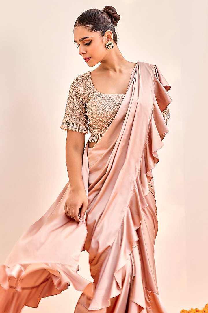 Nude Pink Armani Satin Draped Wedding Saree Set by SHALKII at Pernia's Pop Up Shop
