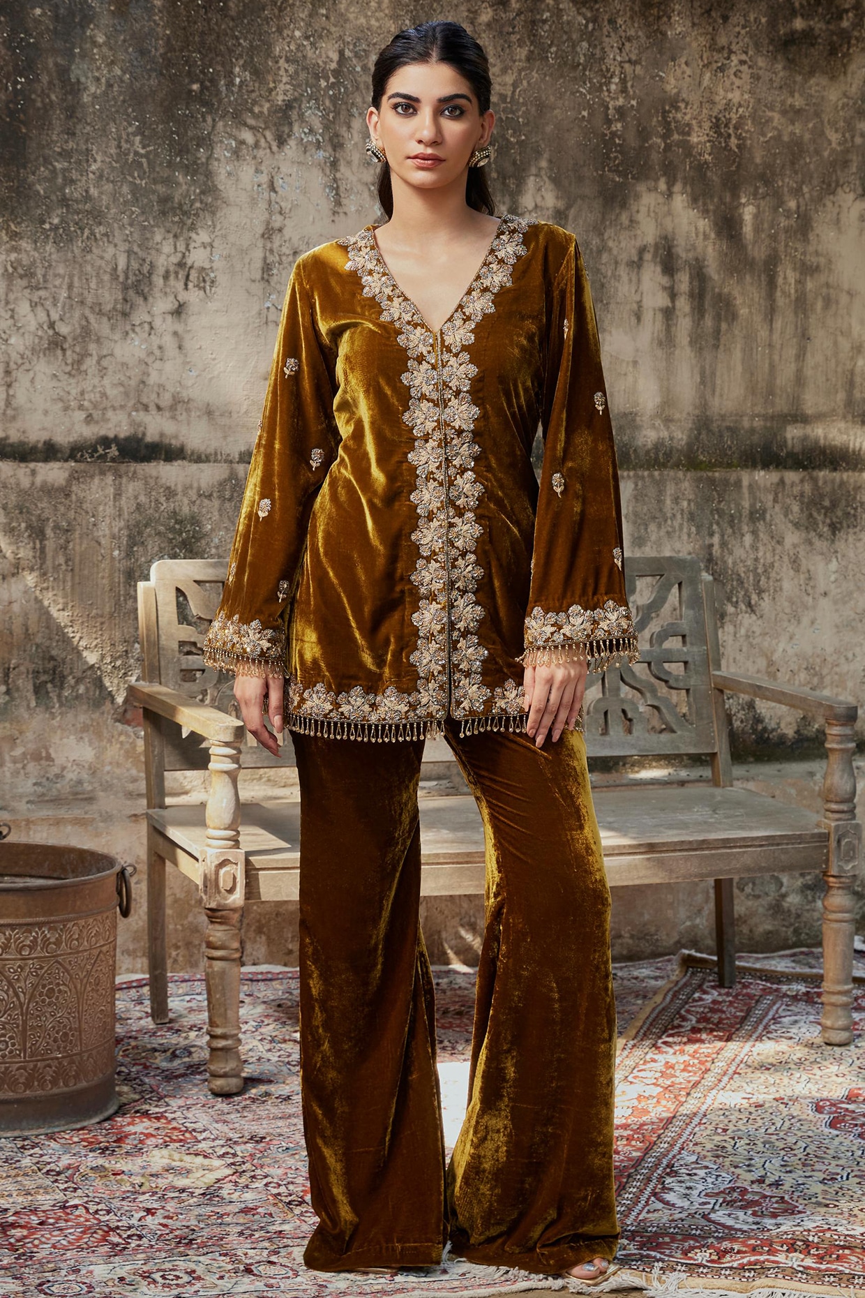 Mustard Velvet Embroidered Jacket Set by SHALKII at Pernia's Pop