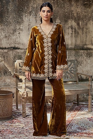 Mustard Velvet Embroidered Jacket Set by SHALKII