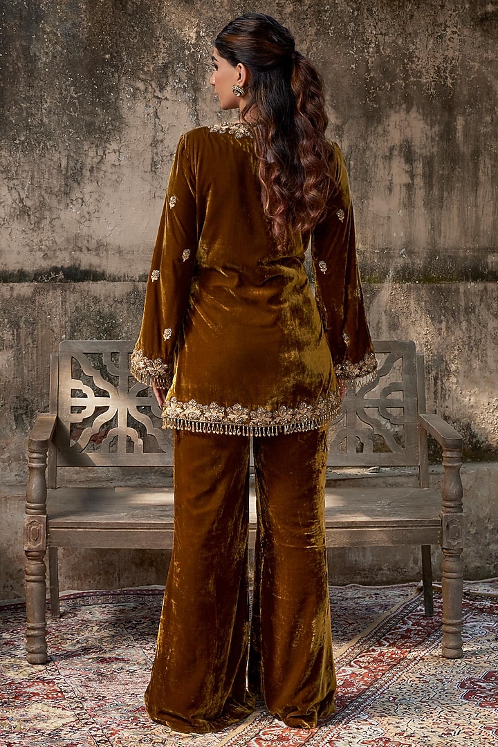 Mustard Velvet Embroidered Jacket Set by SHALKII at Pernia's Pop Up Shop